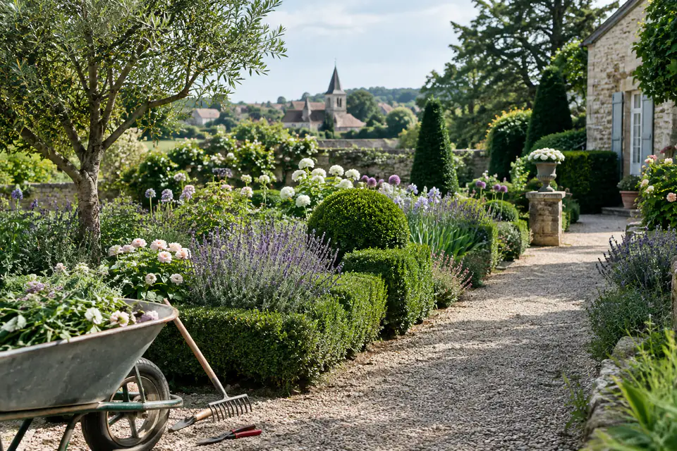 Jardin entretenu avec une allée, des haies taillées et des massifs de vivaces