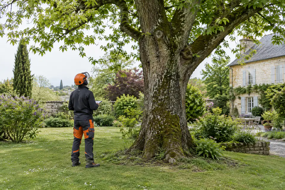Arboriste examinant un arbre dans un jardin privé avant un éventuel abattage