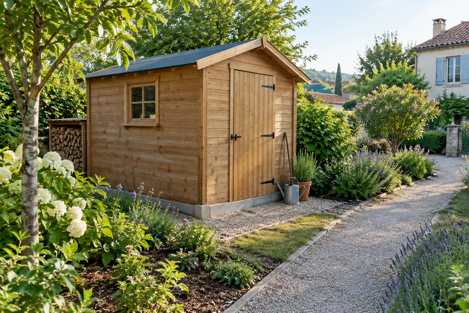 Abri de jardin en bois posé sur une base stable, au bord d’une allée dans un jardin aménagé