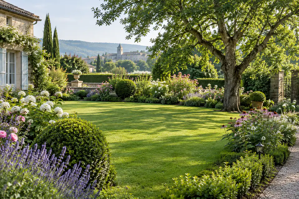Jardin français bien entretenu avec pelouse, massifs fleuris, arbustes taillés et allée