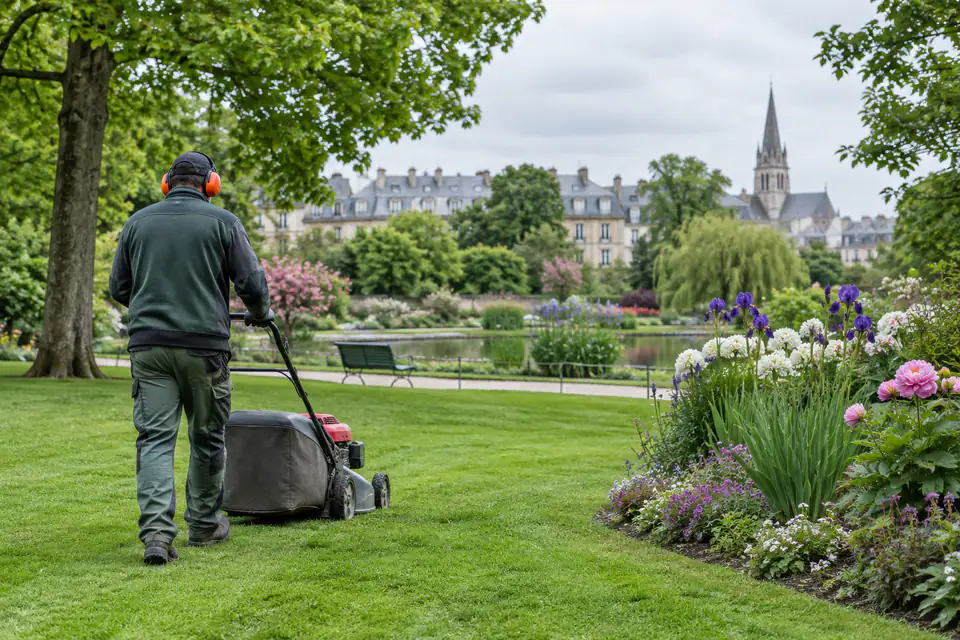 Agent d’entretien des espaces verts tondant une pelouse dans un parc public au printemps