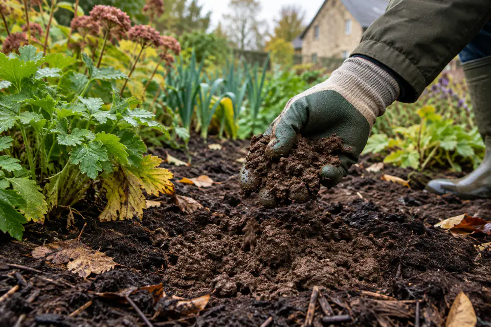 Mains émiettant doucement une terre argileuse amendée de compost dans un jardin en automne
