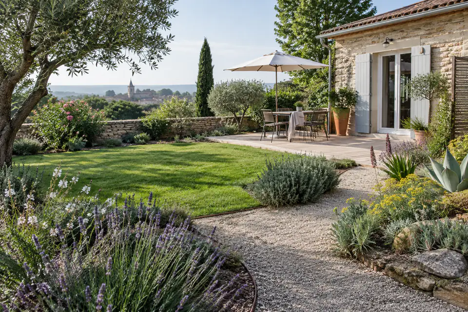 Jardin organisé avec allée perméable, terrasse compacte, massifs adaptés au site et pelouse de forme simple