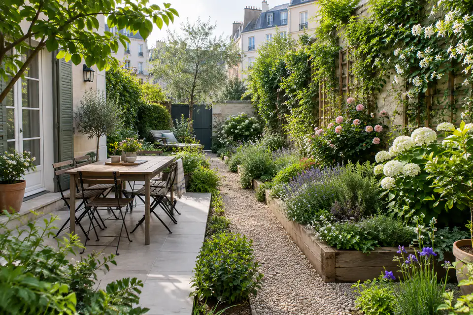 Petit jardin organisé en zones, avec terrasse compacte, chemin perméable et plantations le long d’un mur.