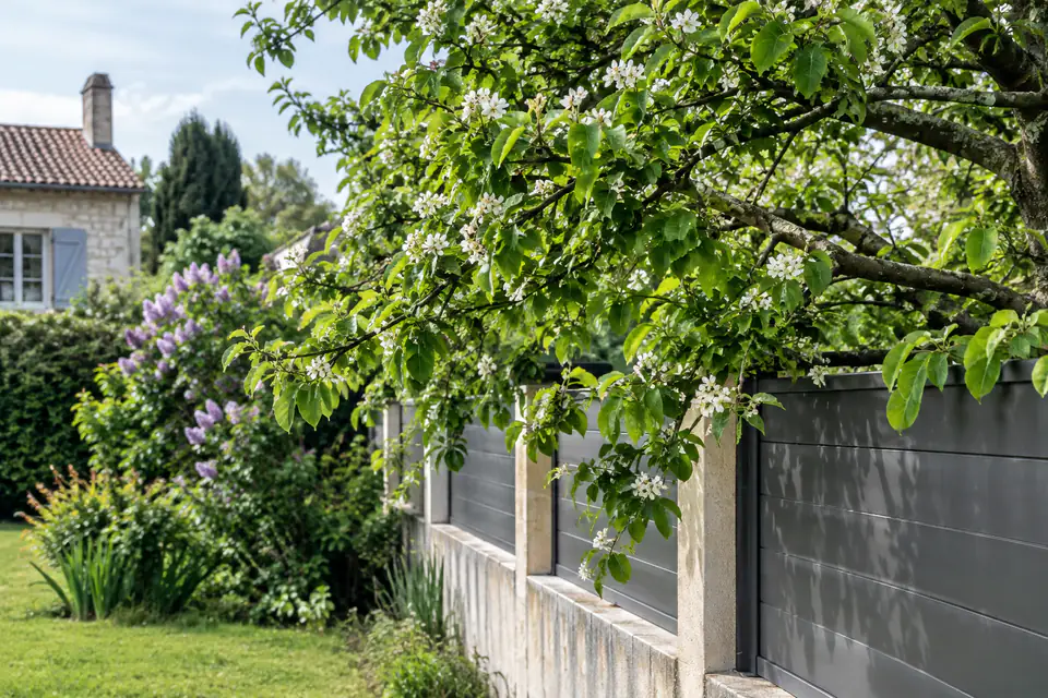 Branches d’un arbre qui dépassent au-dessus d’une clôture entre deux jardins voisins