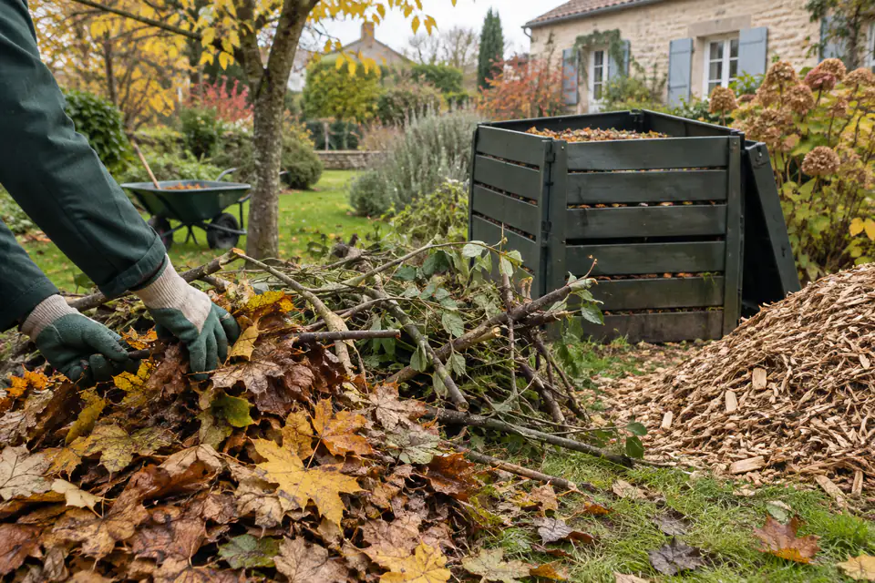 Feuilles et branches triées près d’un composteur dans un jardin français en automne