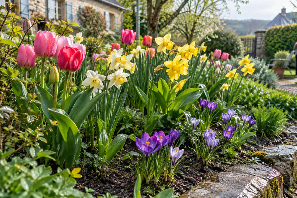 Massif de tulipes, narcisses et crocus en fleurs au printemps, avec un feuillage vert abondant.