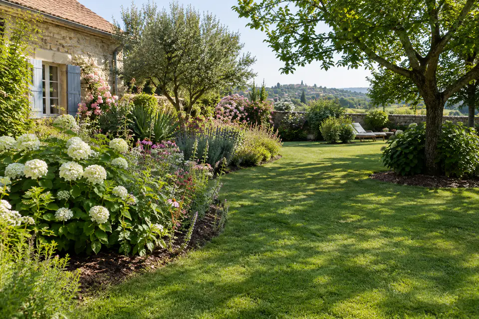 Massif fleuri et pelouse un peu haute dans un jardin français en août, avec paillage au pied des arbustes