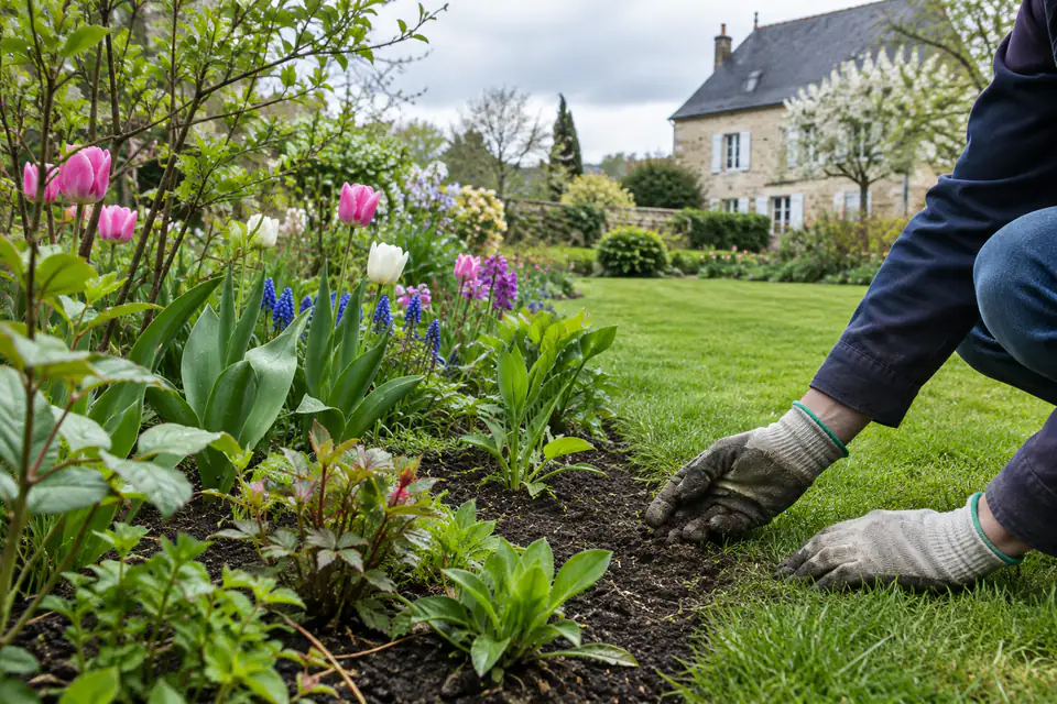 Pelouse et massif fleuri au jardin en avril, avec vivaces en reprise et bulbes de printemps