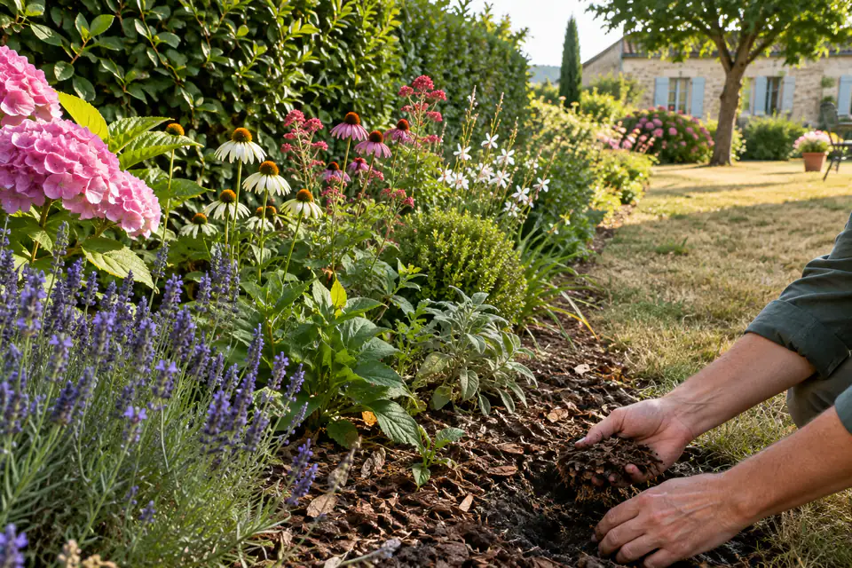 Massif fleuri et pelouse en été, avec un paillage qui protège le sol de la chaleur