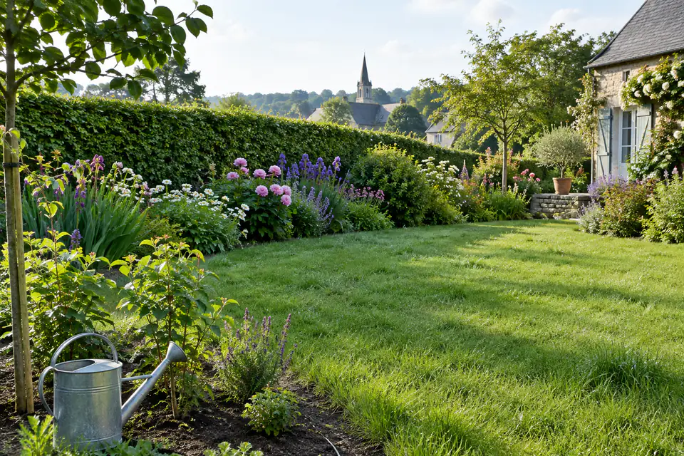 Pelouse tondue haut et massif fleuri dans un jardin français au mois de juin