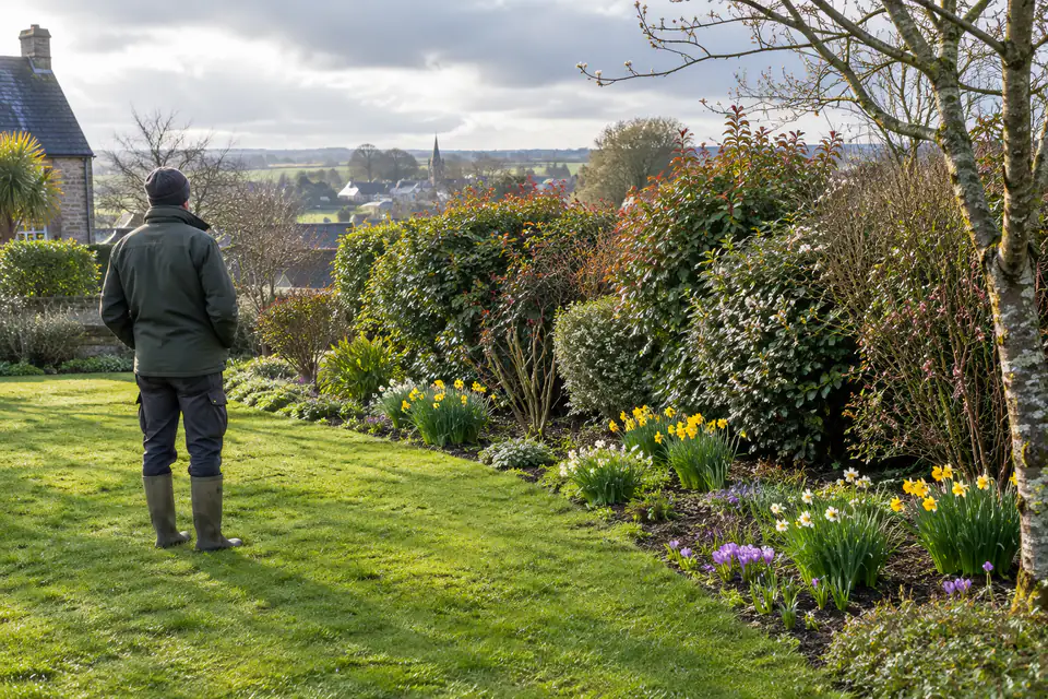 Pelouse et massif de bulbes au début du printemps dans un jardin français en mars