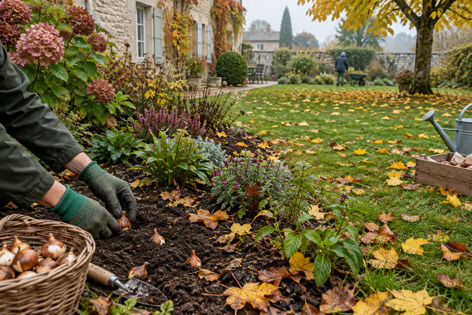 Jardin en octobre avec feuilles dorées sur la pelouse et plantation de bulbes dans un massif
