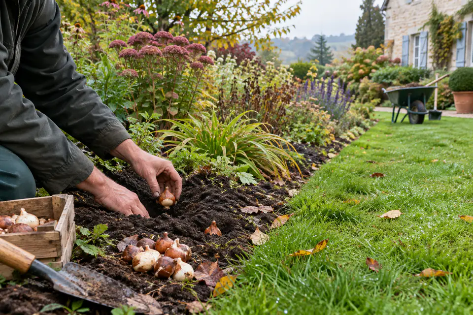 Plantation de bulbes de printemps dans un massif près d’une pelouse au début de l’automne