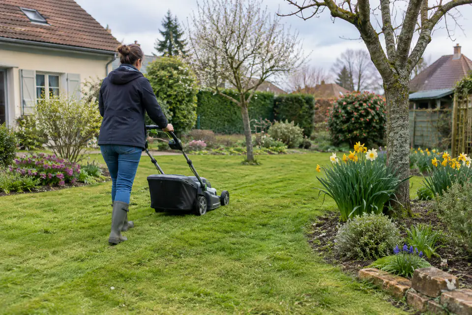 Tondeuse à batterie utilisée sur une pelouse de jardin bordée d’arbres et de massifs au printemps