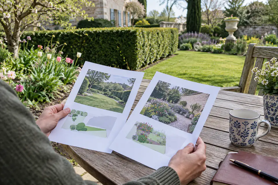 Particulier comparant des devis de jardinage sur une table, avec une haie et une pelouse en arrière-plan