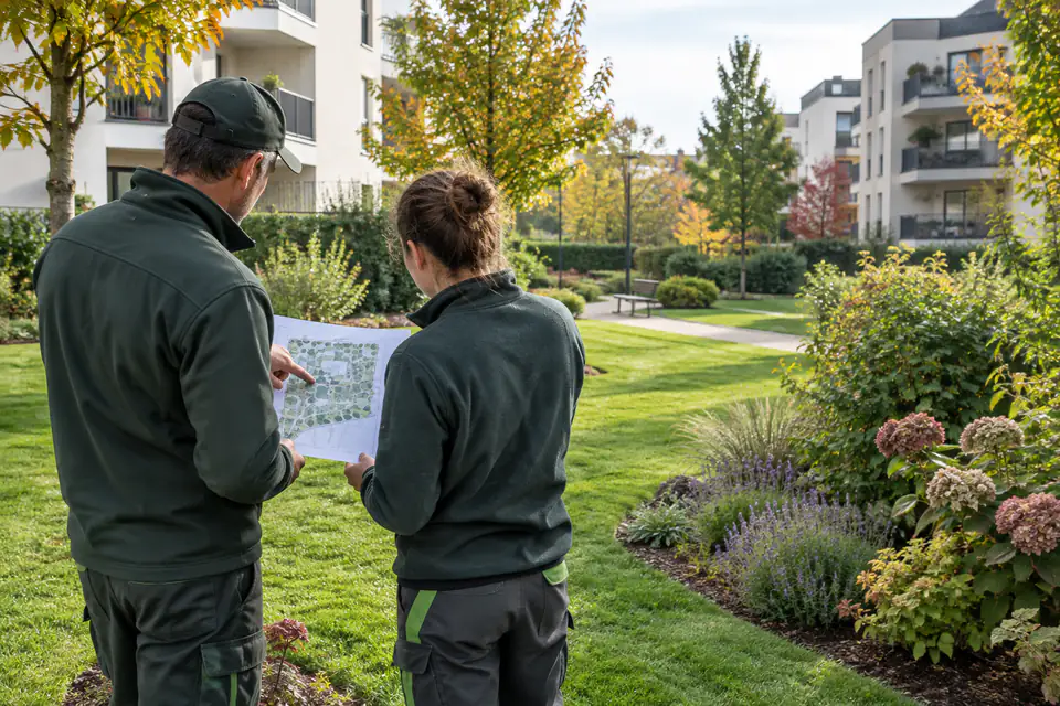 Un gestionnaire et un jardinier paysagiste examinent le plan d’entretien d’un espace vert collectif.