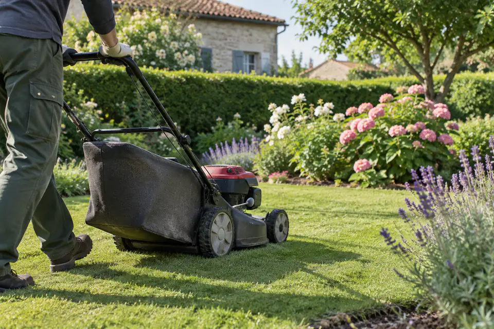 Tonte d’une pelouse dans un jardin privé bordé d’une haie et de massifs fleuris