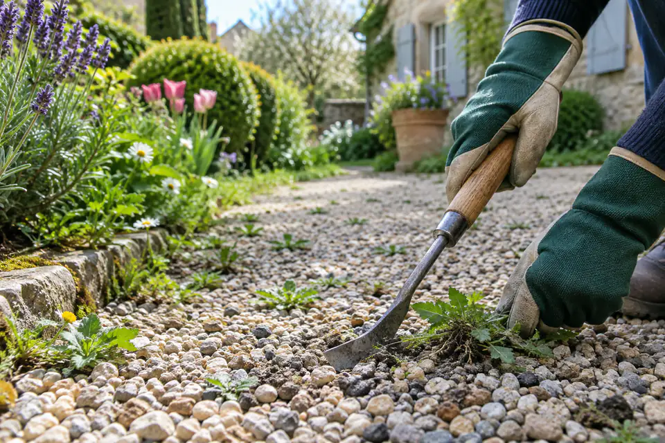 Grattoir manuel retirant de jeunes herbes d’une allée en gravier au printemps, avec des gants de jardinage.