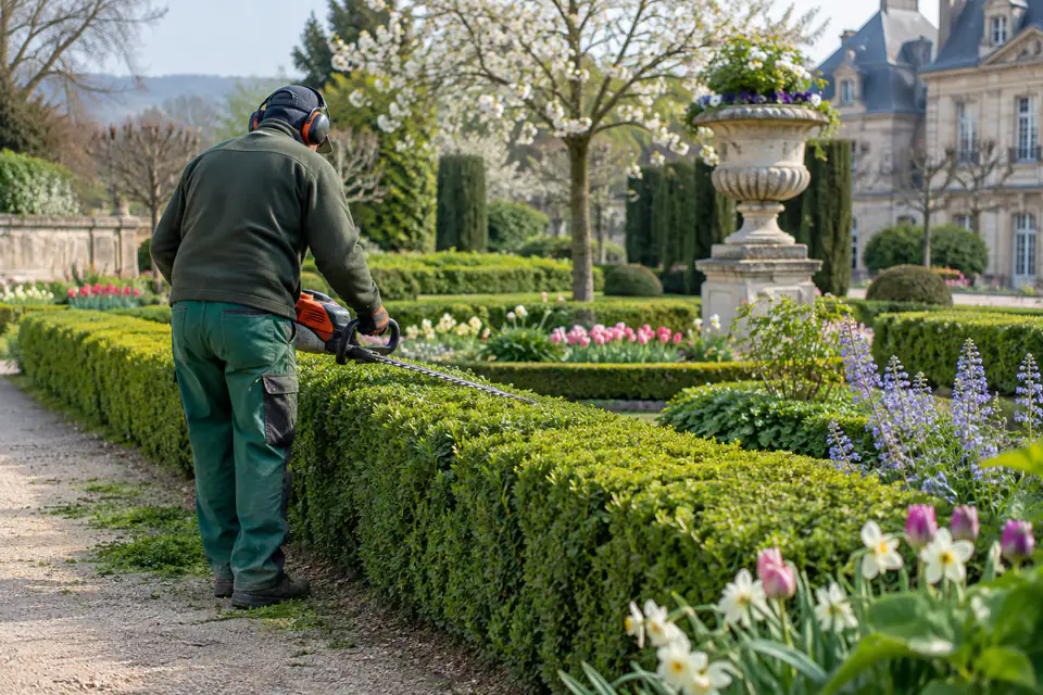 Jardinier paysagiste taillant une haie dans un jardin public au printemps avec des protections adaptées