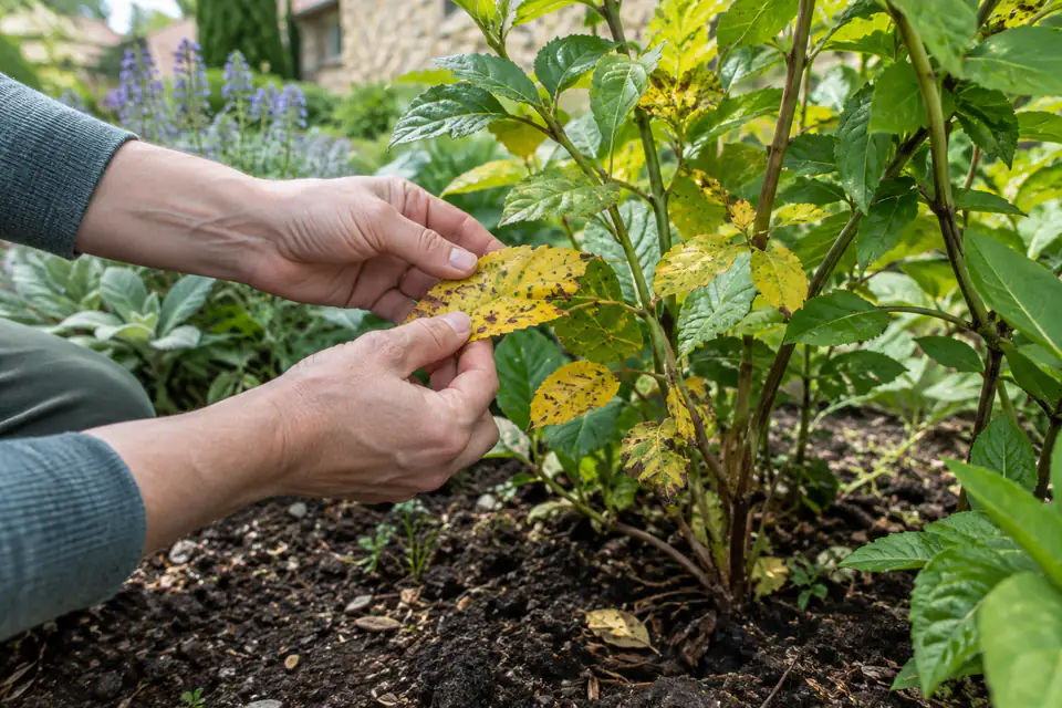 Observation de feuilles jaunies et tachées sur une plante de jardin, avec le sol visible à son pied