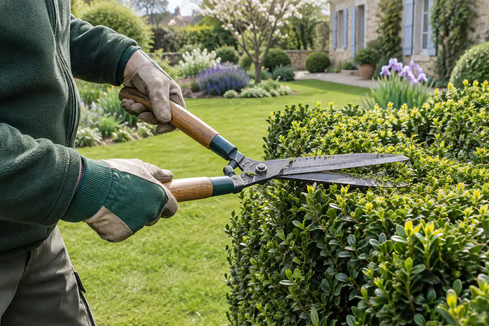 Un jardinier taille une haie basse dans un jardin privé, avec des outils posés près d’un massif.