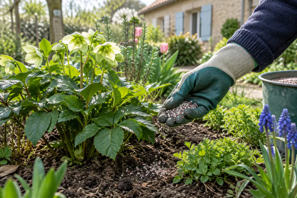 Main d’un jardinier épandant une petite dose d’engrais granulé au pied de plantes en pleine terre.