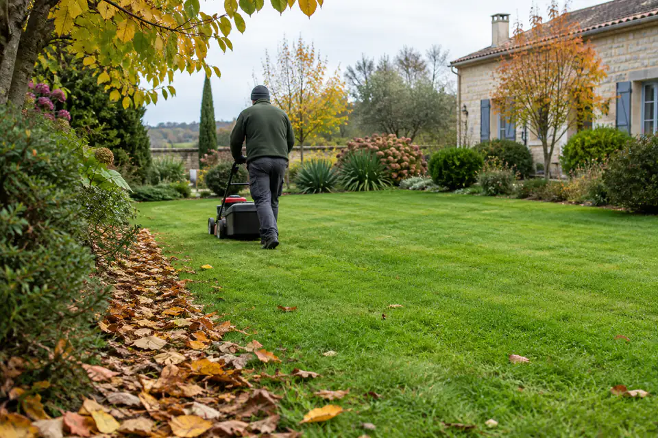 Pelouse familiale tondue à hauteur modérée en automne, avec des feuilles mortes regroupées au bord du gazon.