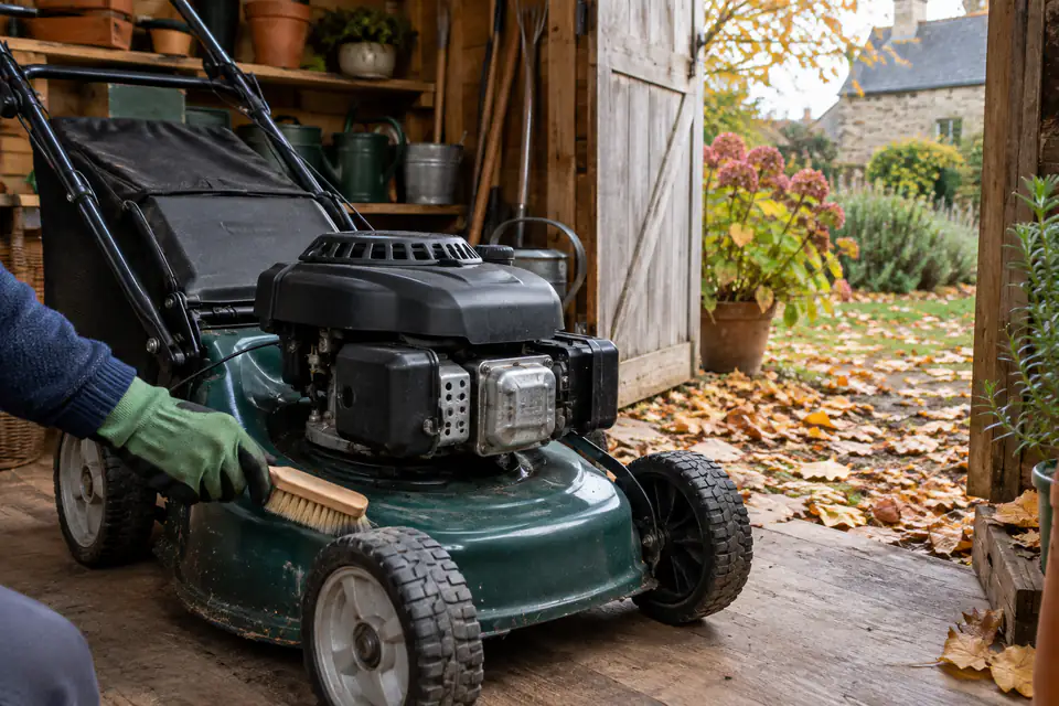Nettoyage du carter d’une tondeuse à gazon avant son rangement dans un abri de jardin