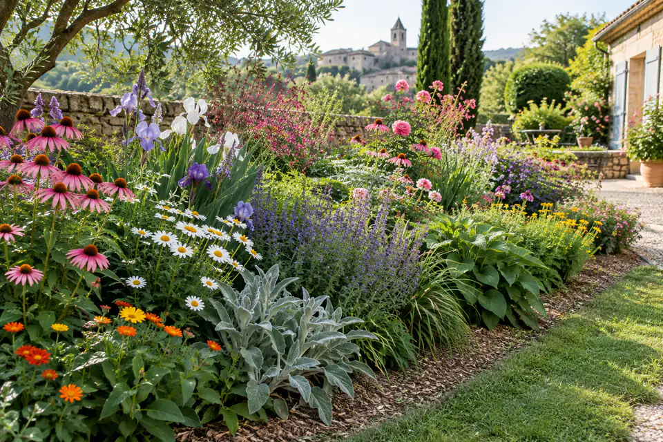 Massif de fleurs annuelles et vivaces en pleine floraison, organisé par hauteurs dans un jardin ensoleillé.