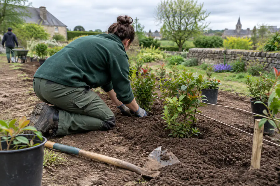 Apprenant en formation paysagère plantant une bordure dans un espace vert, avec des outils de chantier au premier plan
