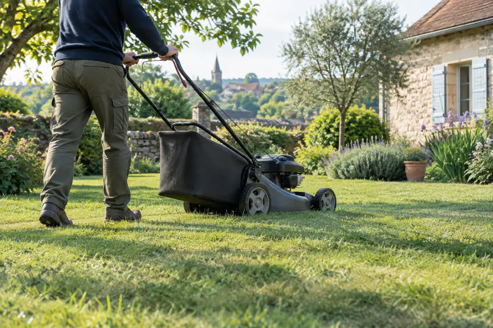 Tonte d’une pelouse familiale au printemps, avec une hauteur de coupe régulière et un sol sec
