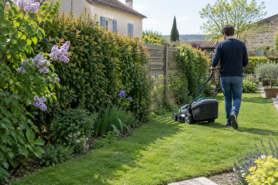 Une tondeuse électrique coupe une pelouse de jardin au printemps, près d’une haie et d’une clôture.