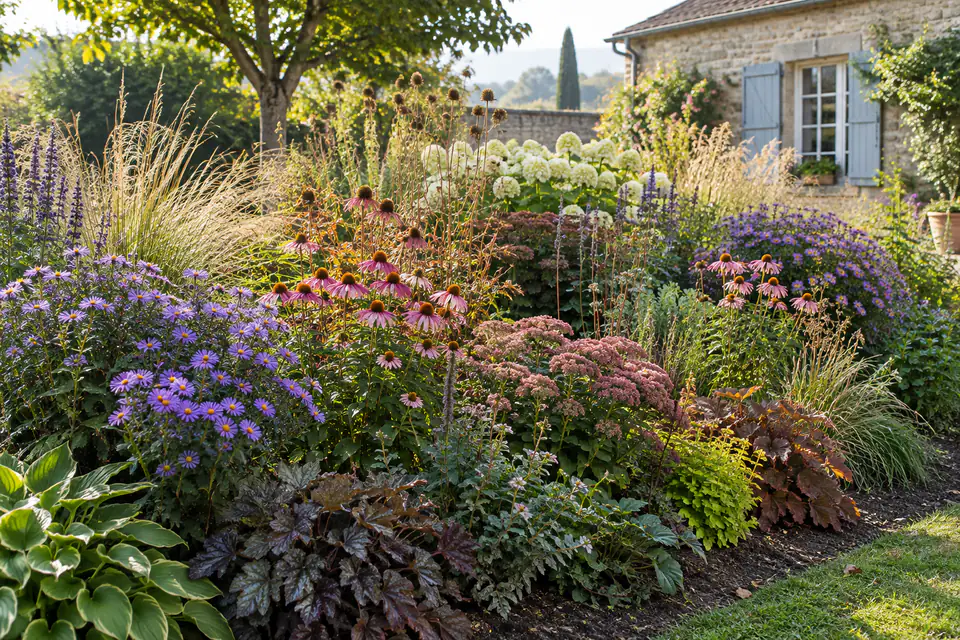 Massif de vivaces de hauteurs variées, avec asters et feuillages décoratifs en fin d’été dans un jardin