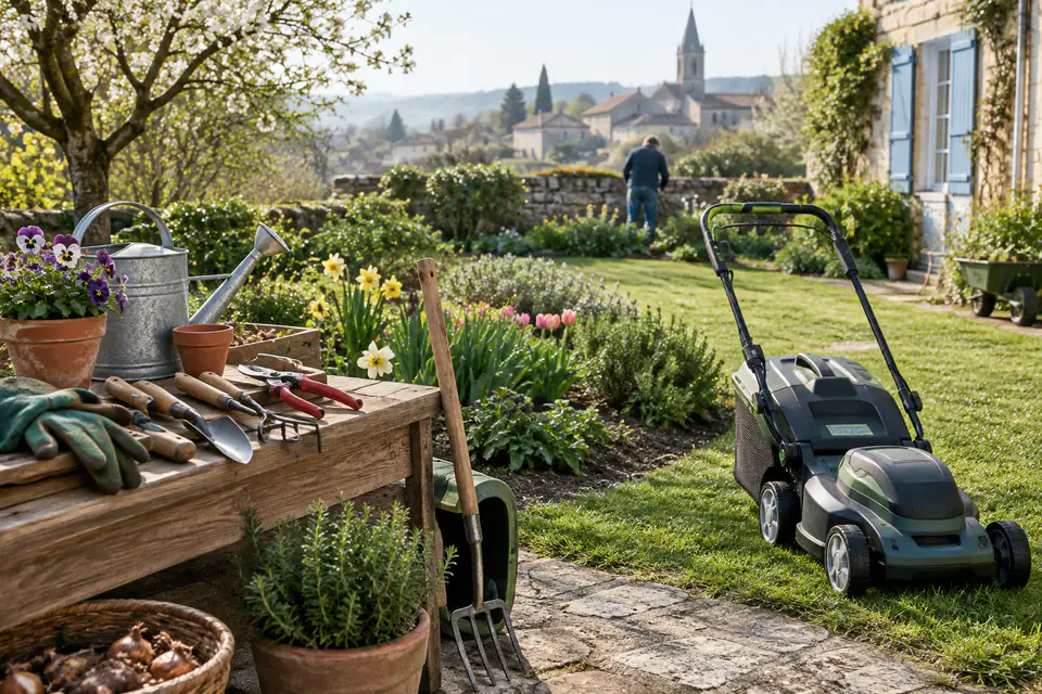 Outils manuels et tondeuse à batterie rangés près d’une pelouse et de massifs dans un jardin