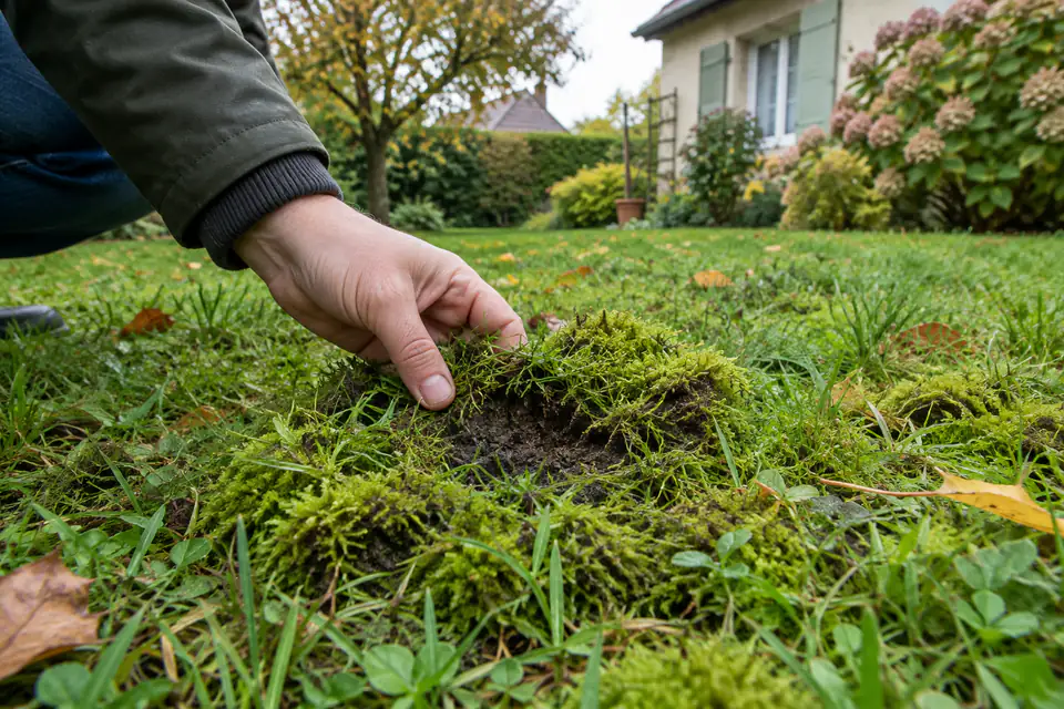 Mousse installée dans un gazon clairsemé au-dessus d’un sol humide et compacté
