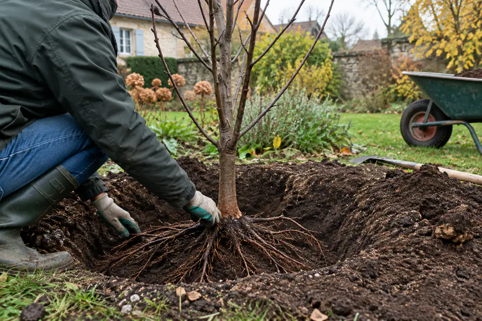Plantation d’un jeune arbre à racines nues dans un jardin en automne, avec les racines étalées dans la terre