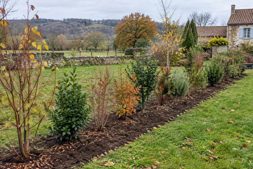 Jeunes arbustes variés plantés en ligne et paillés dans un jardin français à l’automne