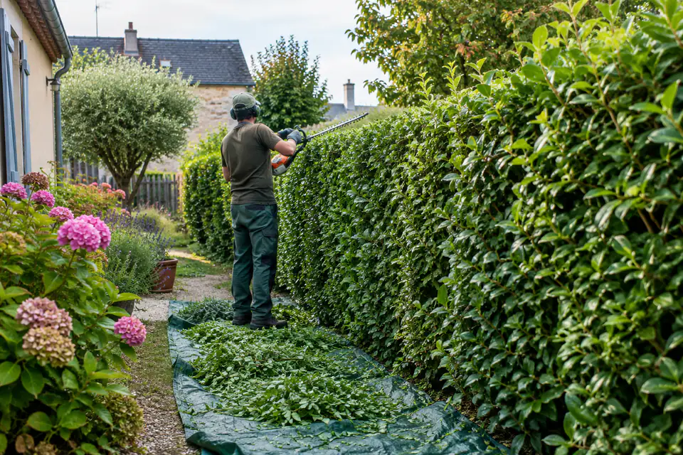 Taille d’une haie de jardin accessible en fin d’été, avec les branches coupées regroupées sur une bâche