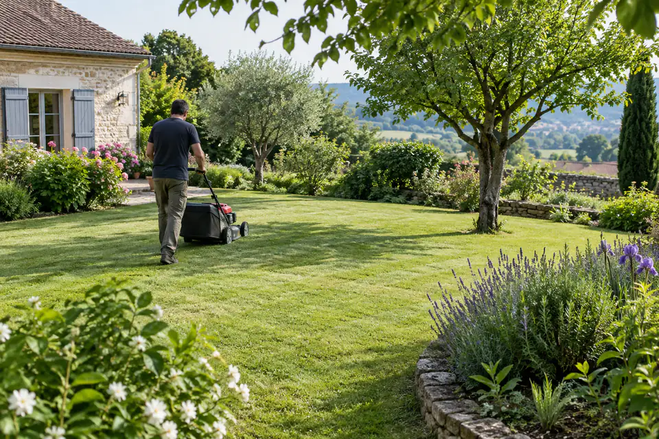 Un jardinier tond une pelouse de particulier au printemps, avec des bordures et des massifs visibles.