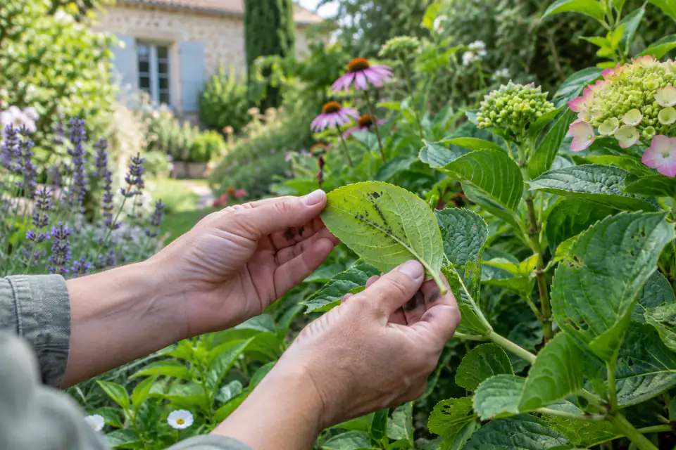 Main examinant une feuille dans un jardin diversifié pour repérer les premiers signes de ravageurs