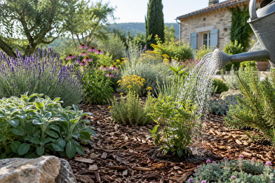 Arrosage au pied de jeunes plantes dans un massif paillé pour réduire l’évaporation au jardin