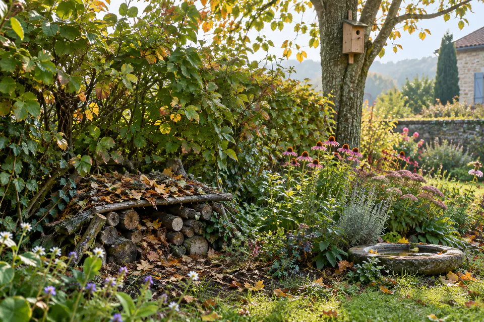 Tas de bois et de feuilles installé sous une haie, près d’un nichoir et d’un point d’eau peu profond