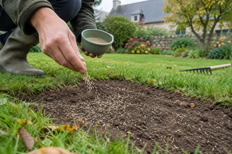 Semis de graines sur une zone dégarnie d’une pelouse préparée au début de l’automne