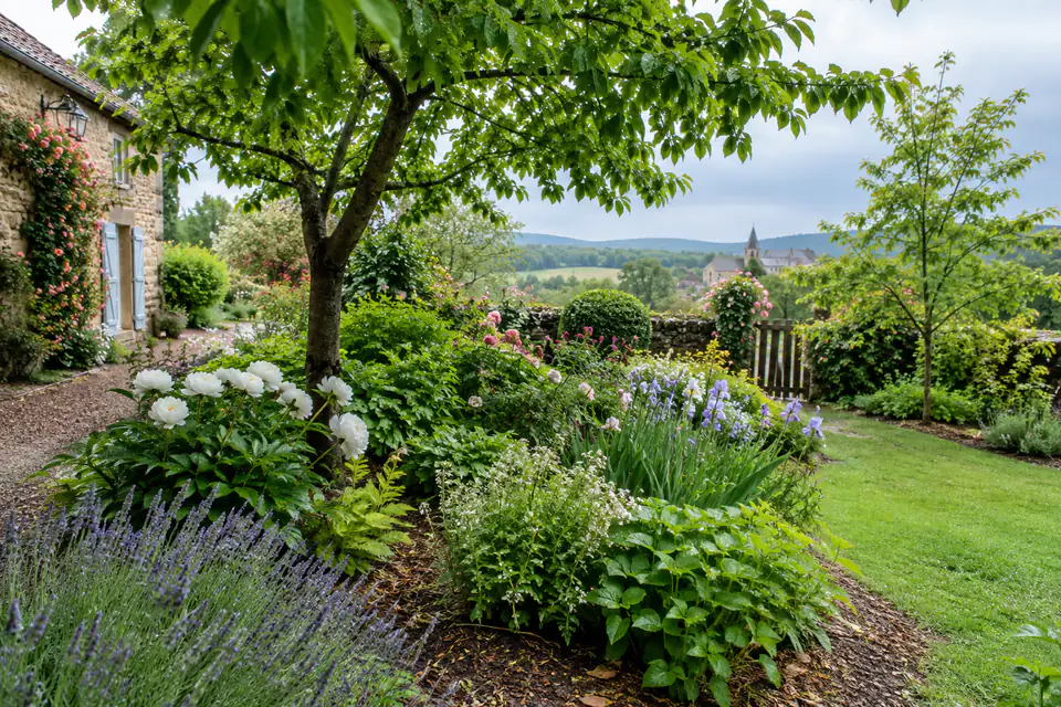 Massif fleuri, arbres feuillus et pelouse illustrant les travaux d’entretien du jardin au fil des saisons
