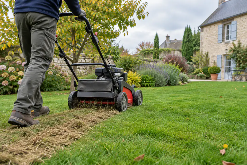 Scarificateur retirant le feutre d’une pelouse au début de l’automne, sans creuser profondément le sol