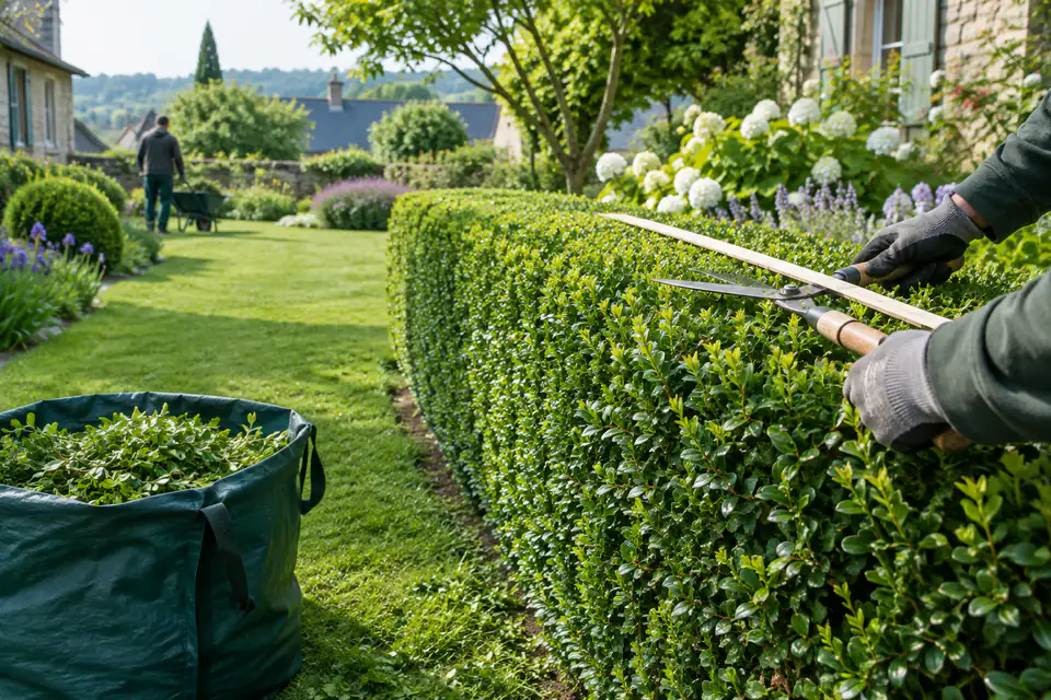 Jardinier professionnel taillant une haie dans un jardin résidentiel avec des déchets verts ramassés au sol