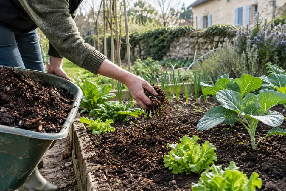 Compost mûr étalé en fine couche sur une planche de potager au début du printemps