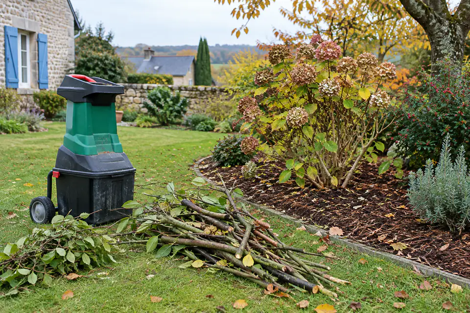 Branches de taille triées près d’un broyeur et d’un massif couvert de broyat dans un jardin d’automne